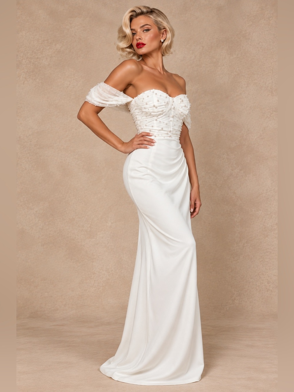 Immensely Charming White Mesh Pearl Bustier Maxi Dress